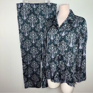 Soma Pajama Set Satin Feel Paisley Print Button Up Loungewear Women’s Size Large